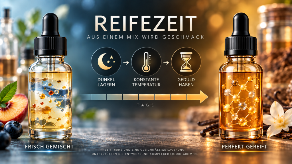 Reifezeit von E-Liquid: Frisch gemischtes Liquid entwickelt durch Ruhe, Temperatur und Geduld einen harmonischeren Geschmack