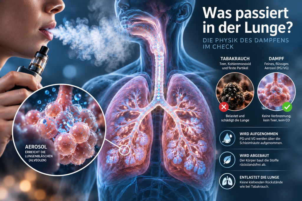 Physik des Dampfens: E-Zigaretten-Aerosol auf dem Weg durch Atemwege und Lunge bis zu den Lungenbläschen