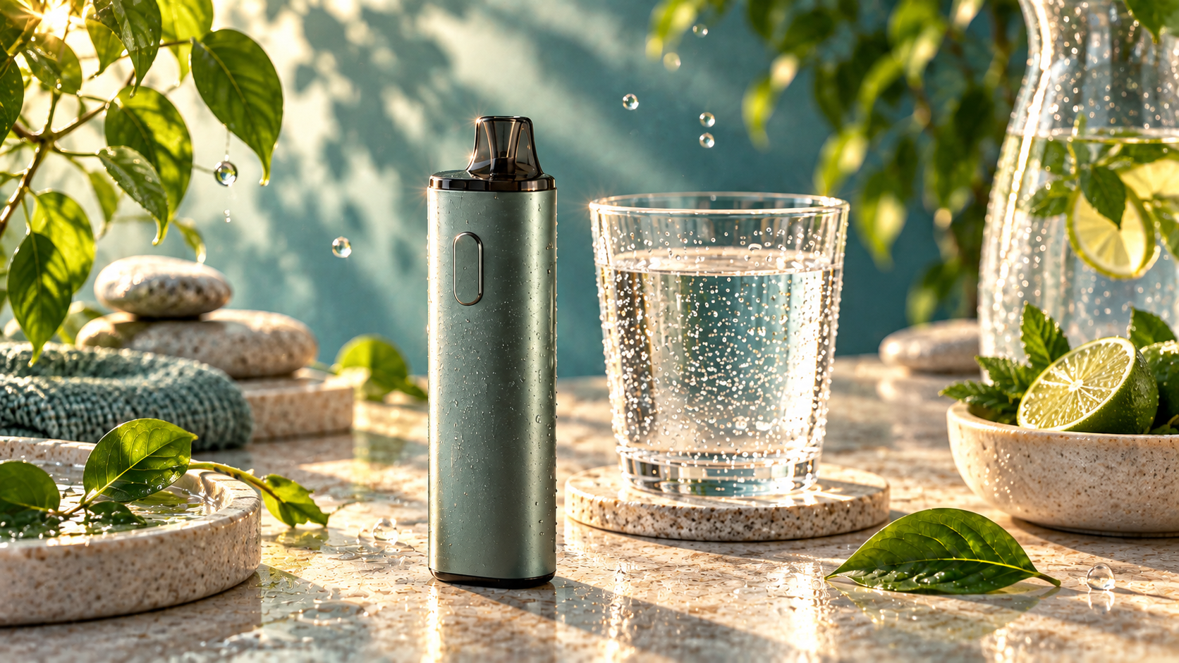 E-Zigarette neben einem Glas Wasser auf einer hellen Steinfläche mit frischen Blättern und Wassertropfen.